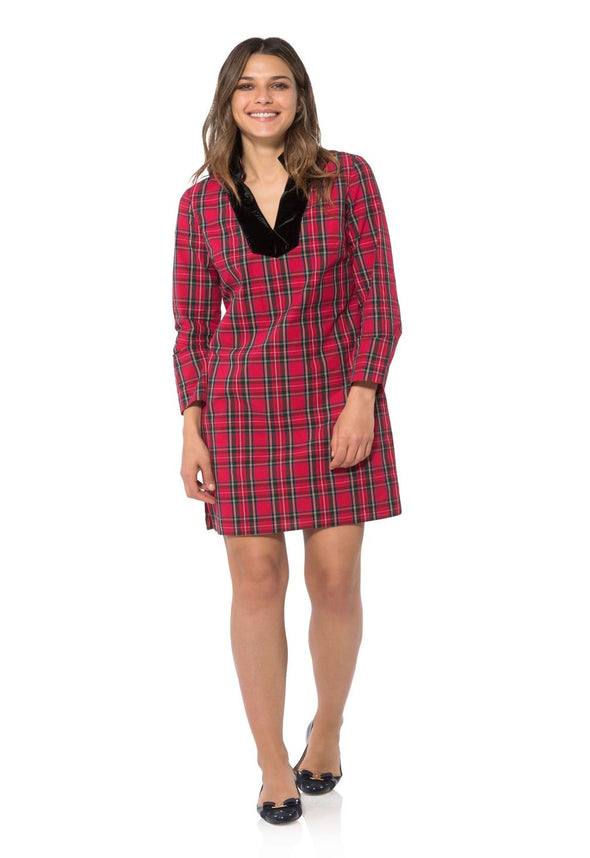 Front view of the Sail To Sable Stretch Cotton Plaid Tunic Dress - Red Plaid