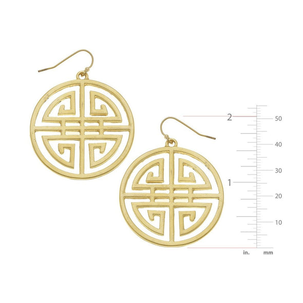 Measured view of Susan Shaw Gold Medallion Earrings, two inches top to bottom