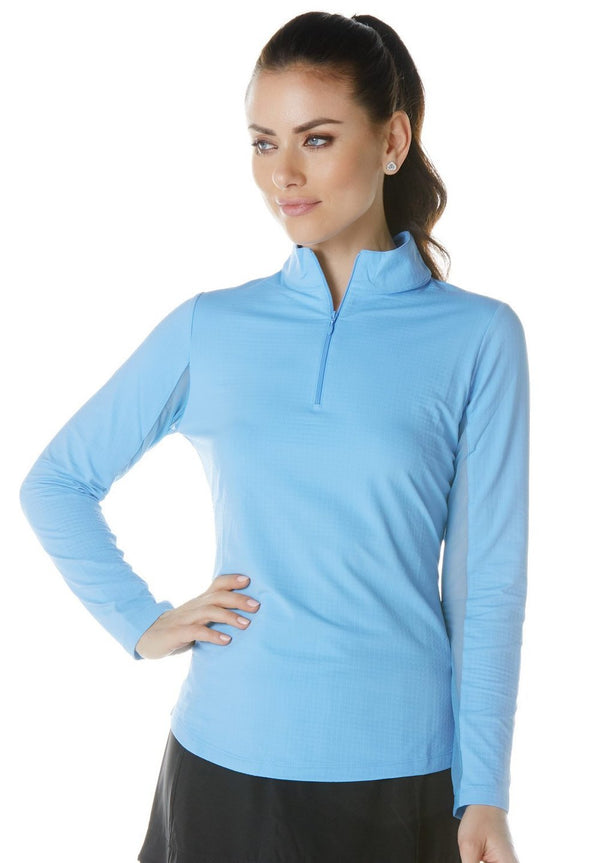 Front view of the IBKUL Long Sleeve Mock Neck Top - Periwinkle
