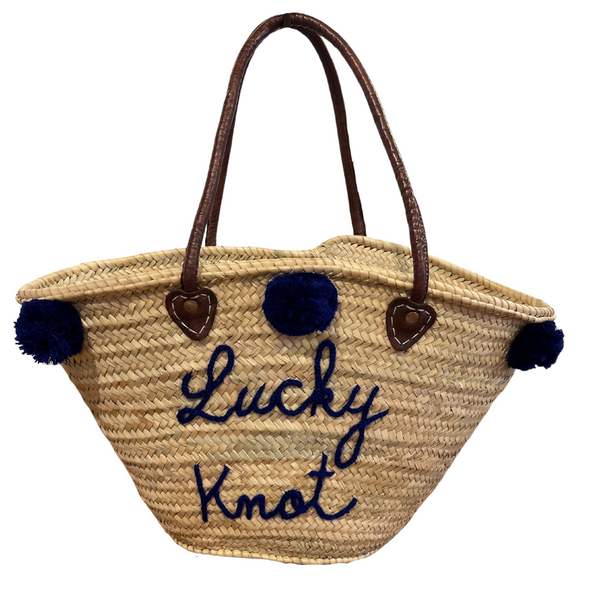 Lucky Knot Pom Pom Straw Bag - Navy