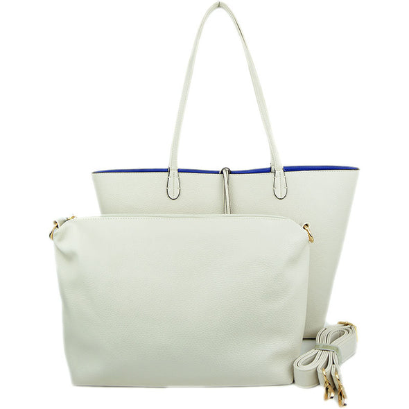 Vegan Leather Reversible 2-in-1 Tote Bag - Ivory/Royal