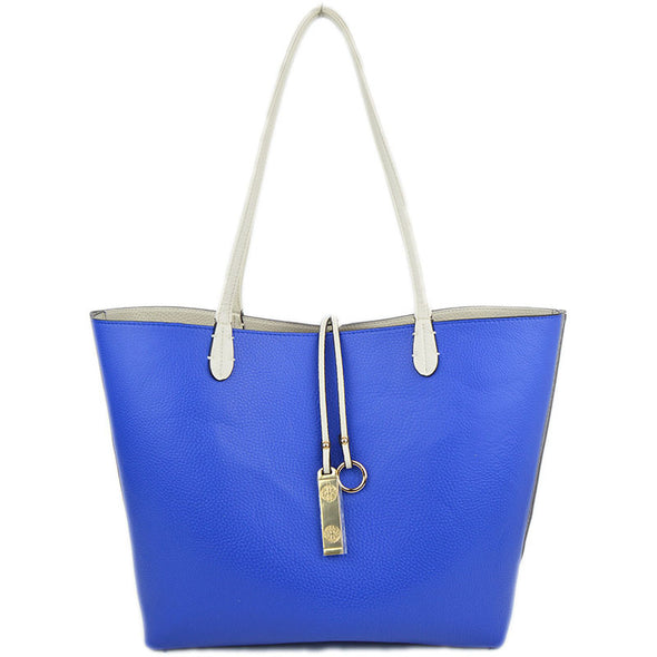 Vegan Leather Reversible 2-in-1 Tote Bag - Ivory/Royal