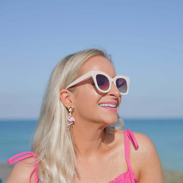 Model in the Enamel Flamingo Earring - Pink