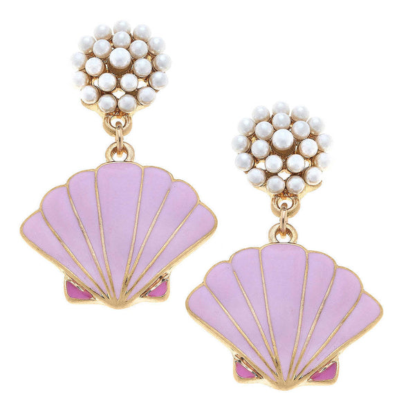 Flat view of the Enamel Shell Pearl Cluster Drop Earring - Pink