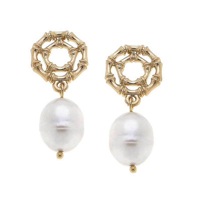 Flat view of the Jenny Bamboo & Pearl Drop Earring - Worn Gold