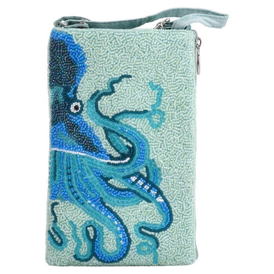 A beaded bag with an octopus in shades of blue and teal