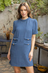 Front view of the Kennedy Tweed Dress in Blue