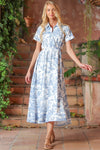 Front view of collared short sleeve midi dress on blonde model