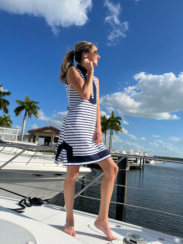 Side view of Sail to Sable Nauti Dress - Navy/White