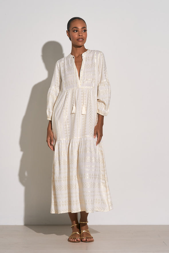 Front view of the Elan Beachcomber Maxi Dress - White/Gold