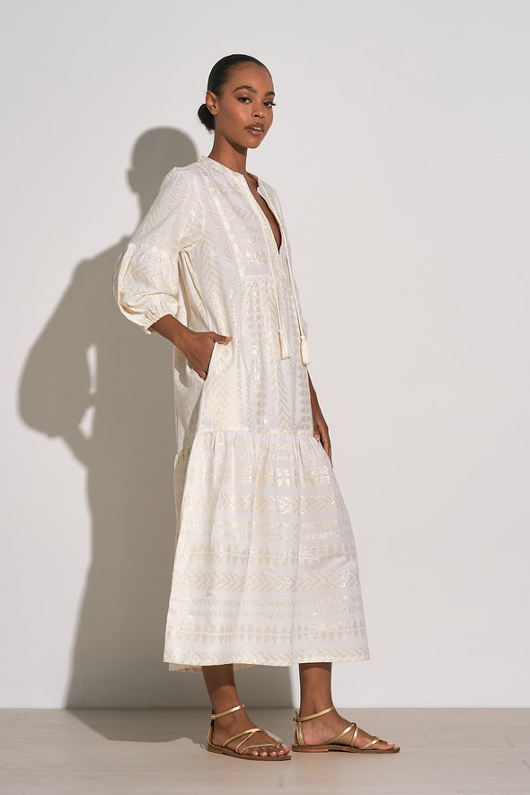 Side view of the Elan Beachcomber Maxi Dress - White/Gold