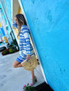 Side view of Sail to Sable Geo Stripe Long Sleeve Tunic Dress - Blue
