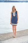 Full body view of Sail To Sable Sleeveless Classic Knit Tunic - Navy/White Stripe