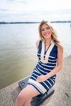 Sitting view of Sail To Sable Sleeveless Classic Knit Tunic - Navy/White Stripe