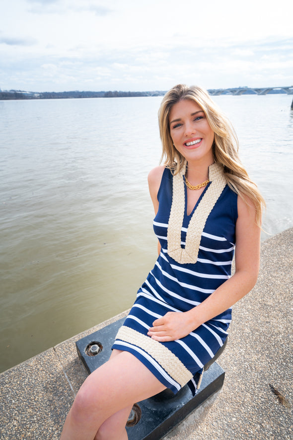 Sitting view of Sail To Sable Sleeveless Classic Knit Tunic - Navy/White Stripe