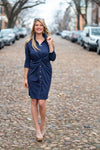 Outdoor model of the Gretchen Scott Twist And Shout Dress - Solid - Navy