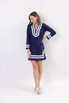 Front view of the Sail to Sable Classic Long Sleeve Tunic Dress in Navy