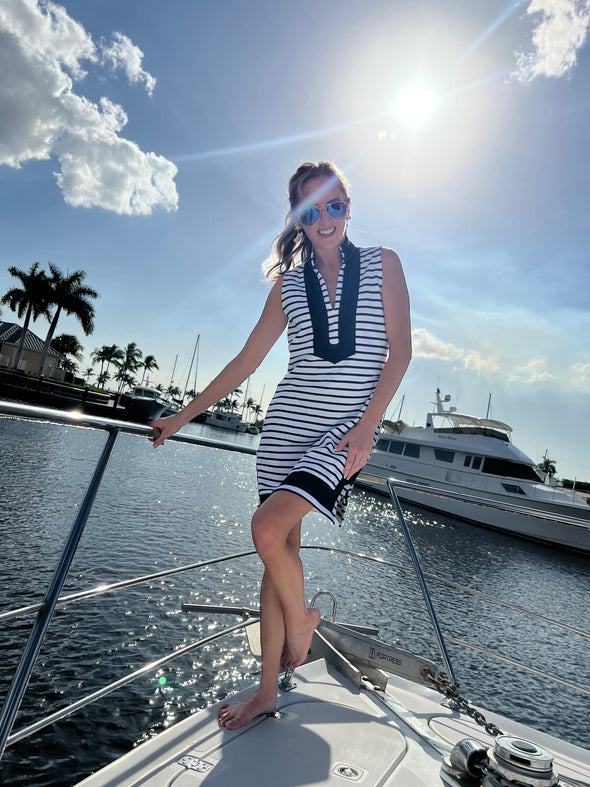 Front view of Sail to Sable Nauti Dress - Navy/White