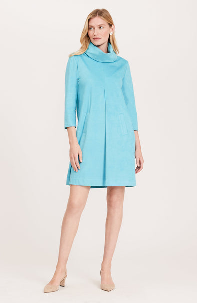 Front view of the Tyler Böe Kim Cowl Dress - Faux Suede - Turquoise