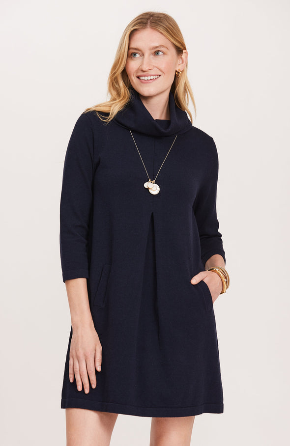 Front view of model in the Tyler Böe Kim Cowl Dress - Midnight Cotton Cashmere