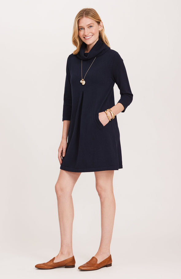 Full body view of model in the Tyler Böe Kim Cowl Dress - Midnight Cotton Cashmere