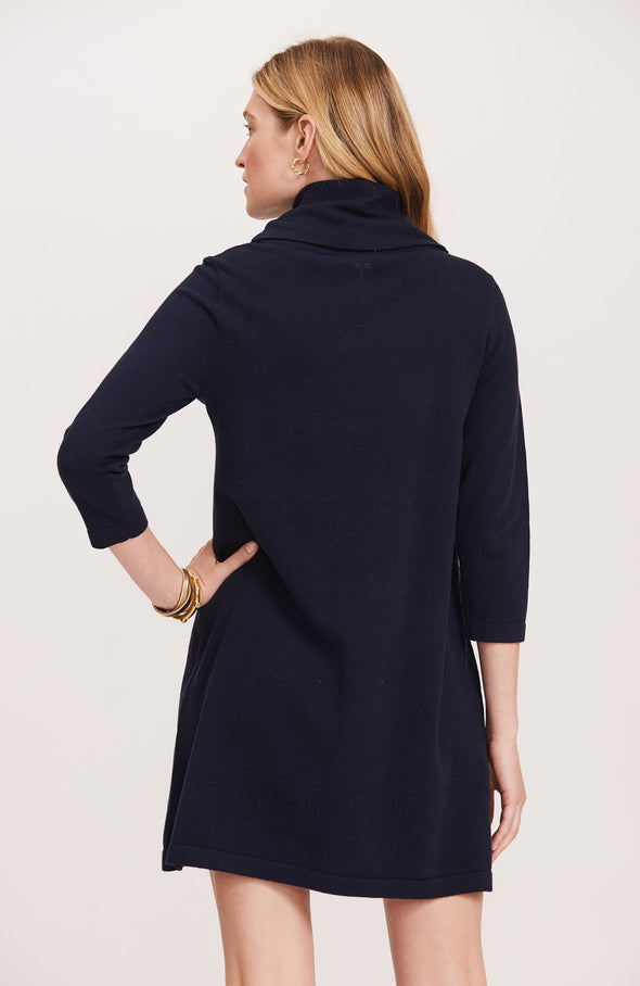 Back view of model in the Tyler Böe Kim Cowl Dress - Midnight Cotton Cashmere