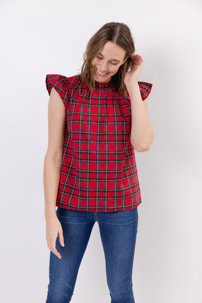 Front view of Sail To Sable Flutter Sleeve Top - Red Plaid
