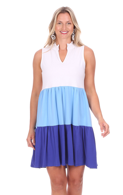 Front cropped view of model in Duffield Lane Harriet Dress - Blue Colorblock