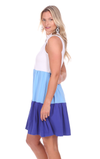 Side view of Duffield Lane Harriet Dress - Blue Colorblock