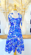 Front view of the Southern Frock Mimi Midi Dress - Blue Palms