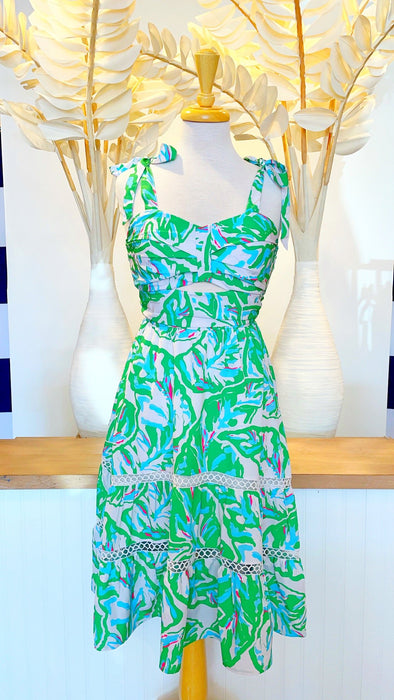 Front view of the Southern Frock Mimi Midi Dress - Green Palms