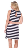 Back view of model in Duffield Lane Claire Shift Dress - Navy/White Stripe