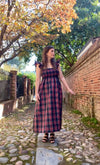 Outdoor model on cobblestones in The Holly Dress
