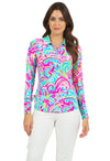 Front view of the IBKUL Aubrey Print Adjustable Long Sleeve Zip Polo - Candy Pink