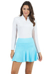 Front view of the IBKUL Flounce Skort - Mini Check Turquoise/White