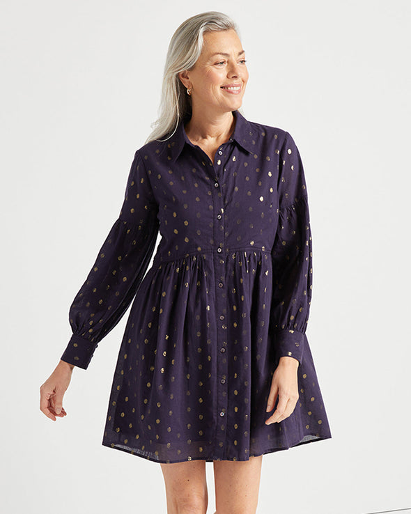 Front view of Jude Connally Briar Dress in Navy/Gold Dot