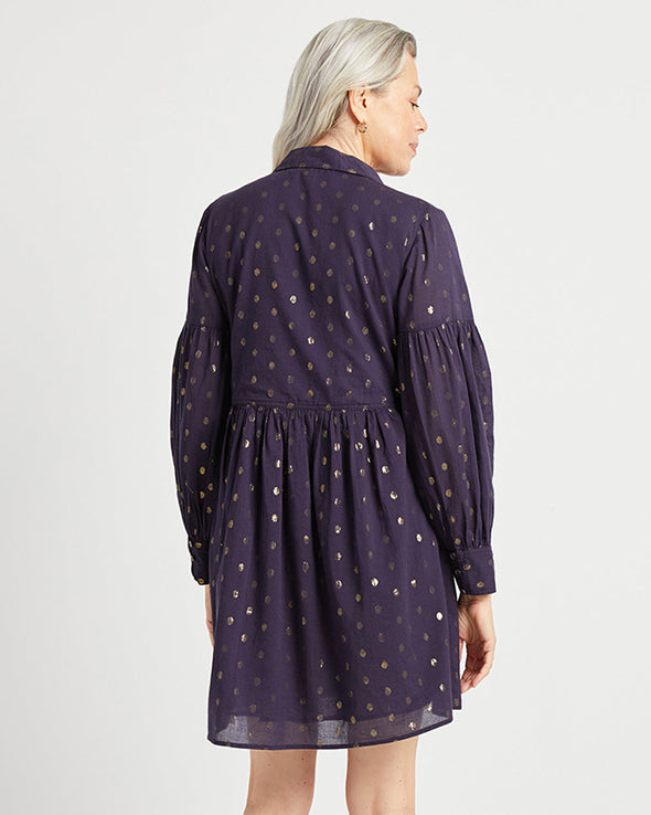 Back view of Jude Connally Briar Dress in Navy/Gold Dot