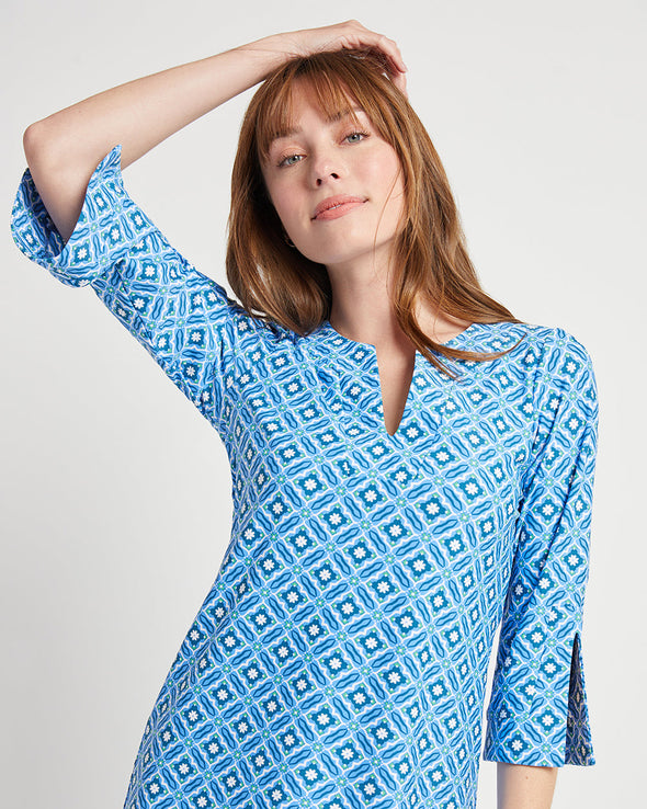 Close up of Jude Connally Megan Dress in Poolside Tile Peri