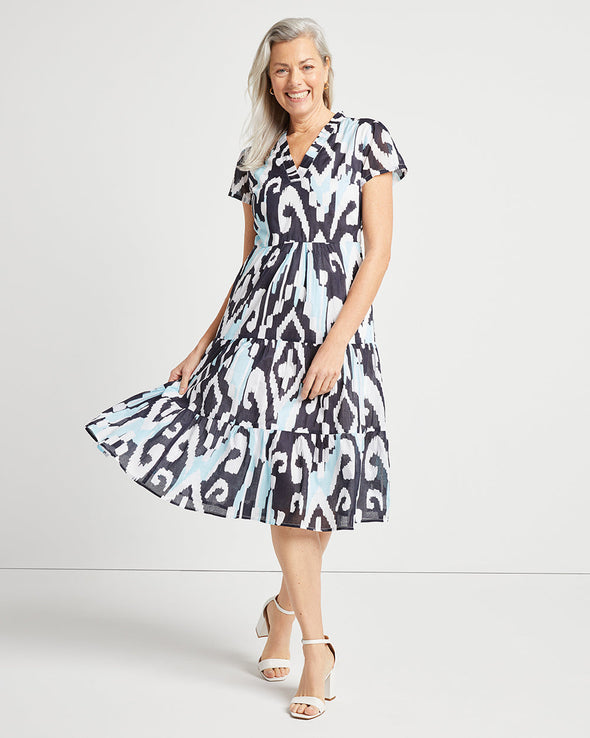 Full view of Jude Connally Eliza Dress in Grand Ikat Sky