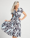 Front view of Jude Connally Eliza Dress in Grand Ikat Sky
