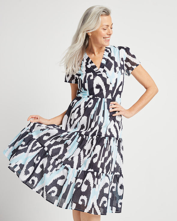 Front view of Jude Connally Eliza Dress in Grand Ikat Sky