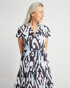 Close view of Jude Connally Eliza Dress in Grand Ikat Sky