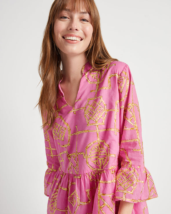Cropped front view of Jude Conally Faith Dress - Bamboo Lattice Flamingo Pink