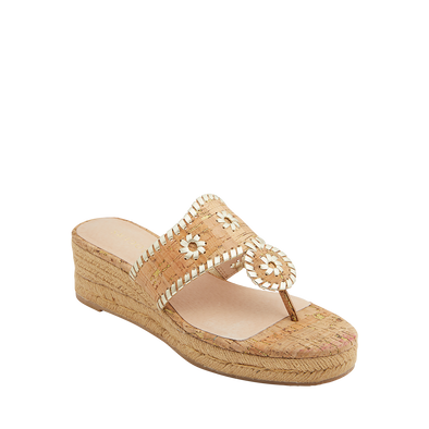 Front view of the Jack Rogers Jacks Cork Mid Wedge - Cork/Gold