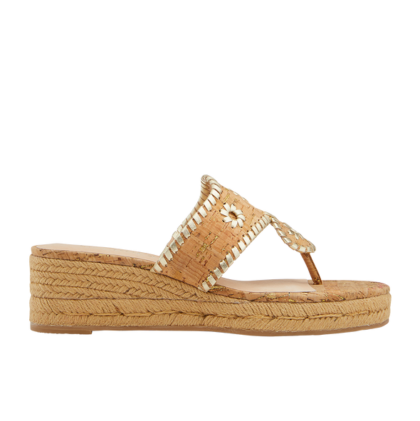 Side view of the Jack Rogers Jacks Cork Mid Wedge - Cork/Gold
