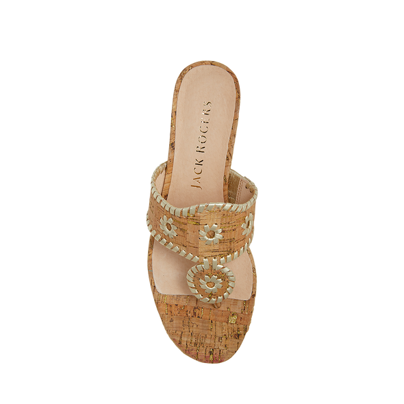 Back view of the Jack Rogers Jacks Cork Mid Wedge - Cork/Gold