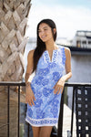 Model outside wearing Jude Connally Carissa Dress in Mums The Word Periwinkle