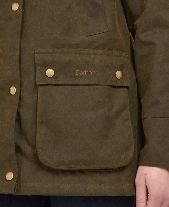 Pocket of the Barbour Acorn Wax Jacket - Olive