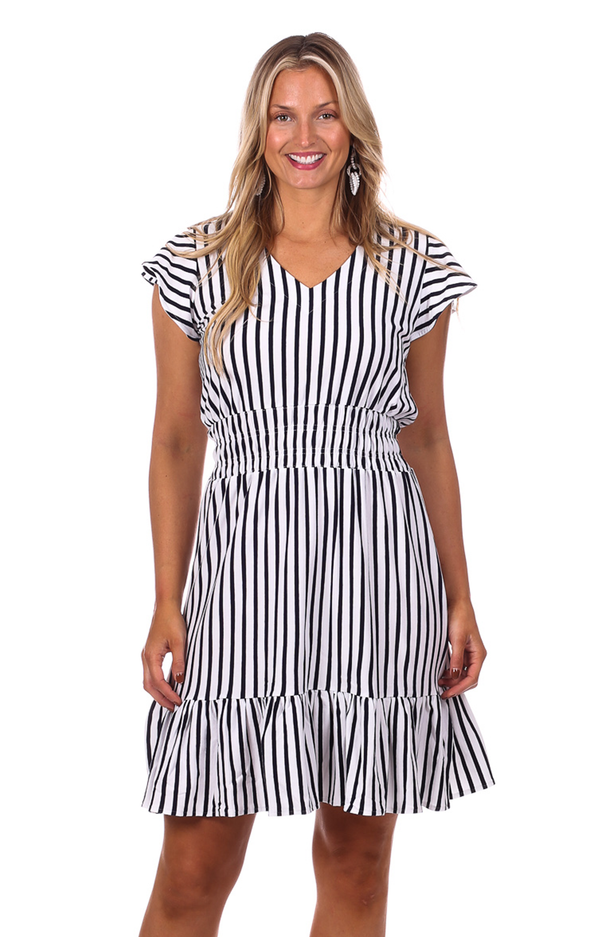 Front view of Duffield Lane Leona Dress - White/Navy Stripe