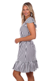 Side view of Duffield Lane Leona Dress - White/Navy Stripe